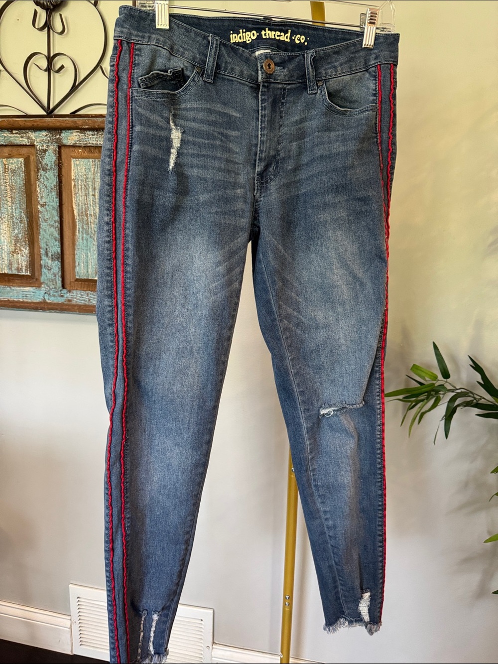 Indigo Thread Co. Women’s ankle skinny Jeans with Red Side Stripe